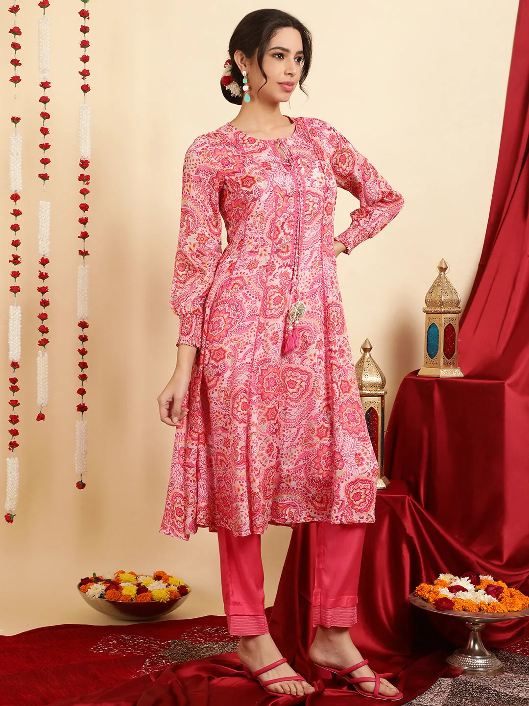 Pink Floral Printed Mirror Work Anarkali Kurta With Pants And Dupatta