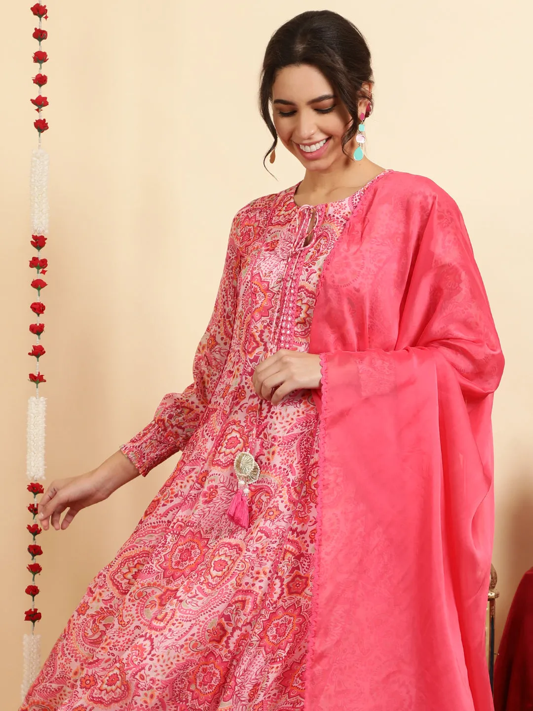 Pink Floral Printed Mirror Work Anarkali Kurta With Pants And Dupatta