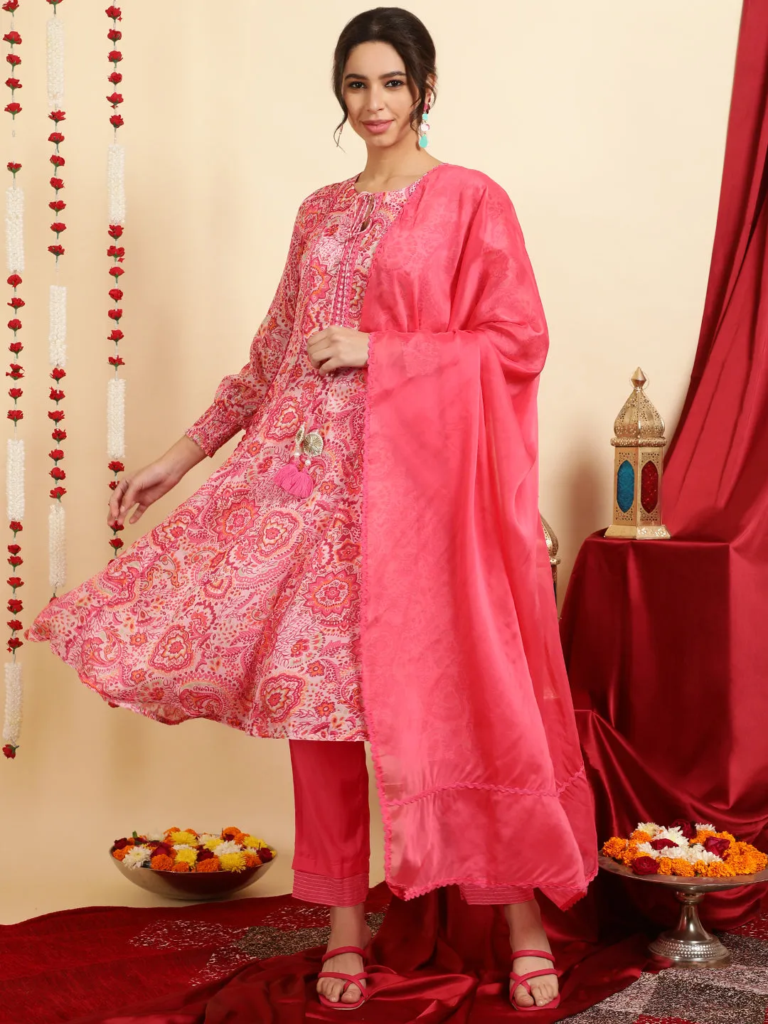 Pink Floral Printed Mirror Work Anarkali Kurta With Pants And Dupatta