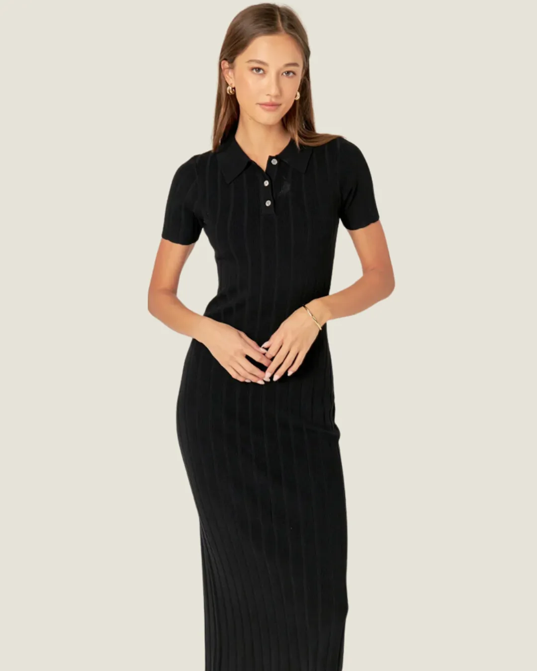 Polo Collared Short Sleeve Maxi Knit Dresss