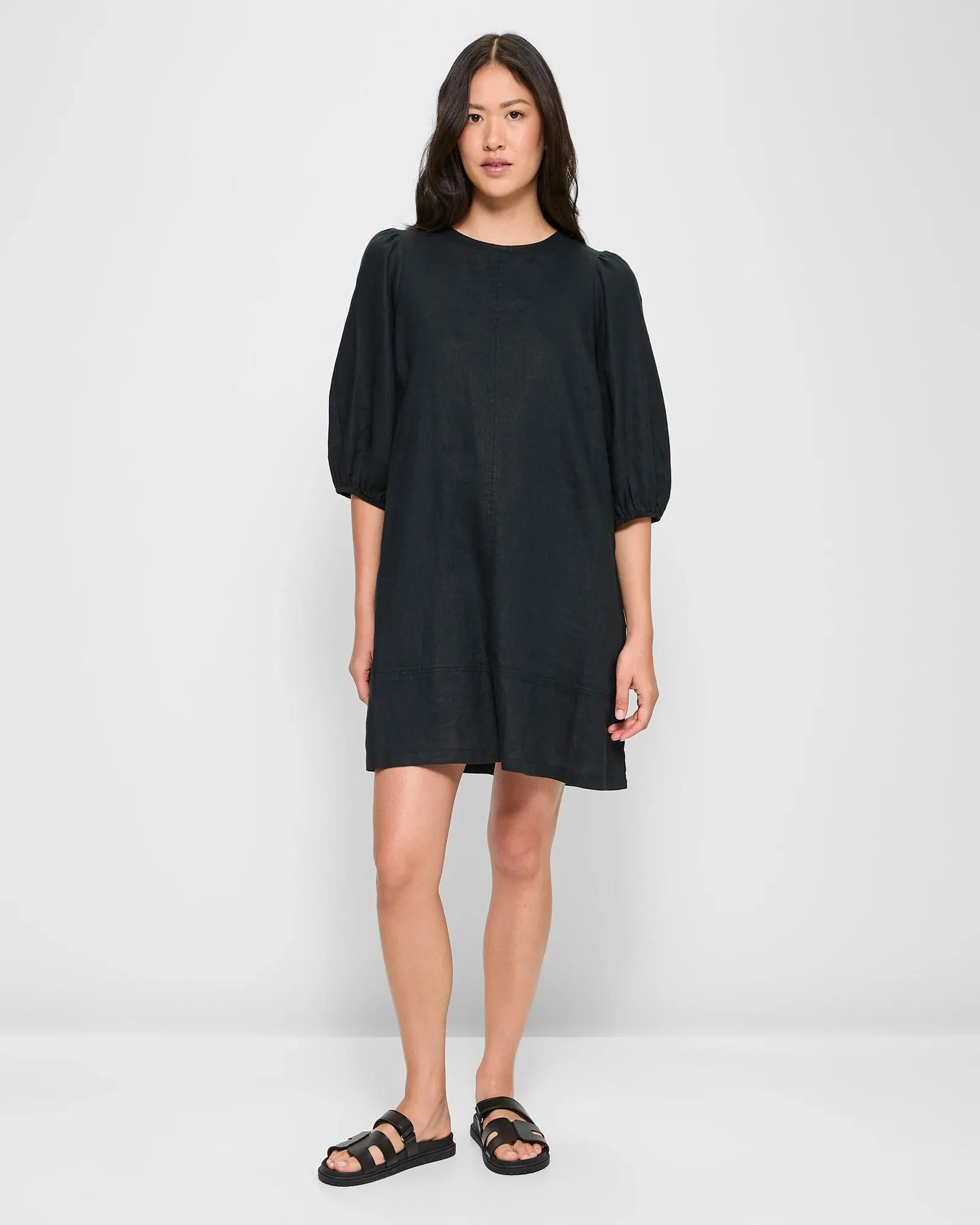 popular  European Linen Puff Sleeve Mini Dress - Black