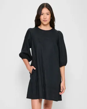 popular  European Linen Puff Sleeve Mini Dress - Black