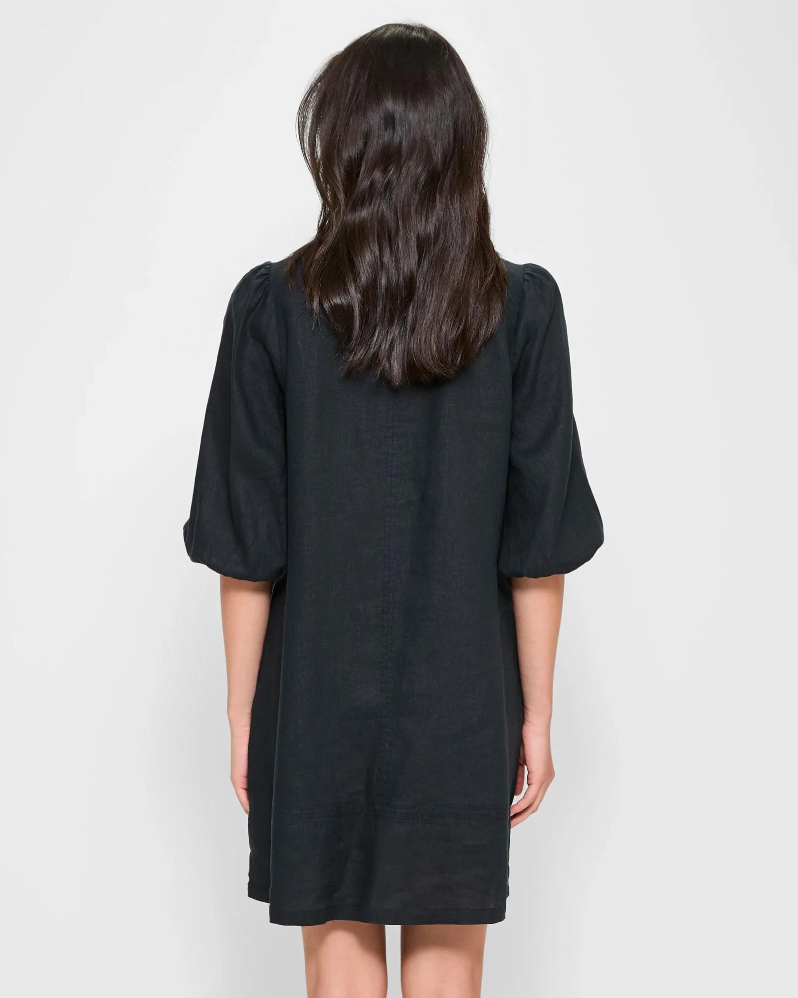 popular  European Linen Puff Sleeve Mini Dress - Black