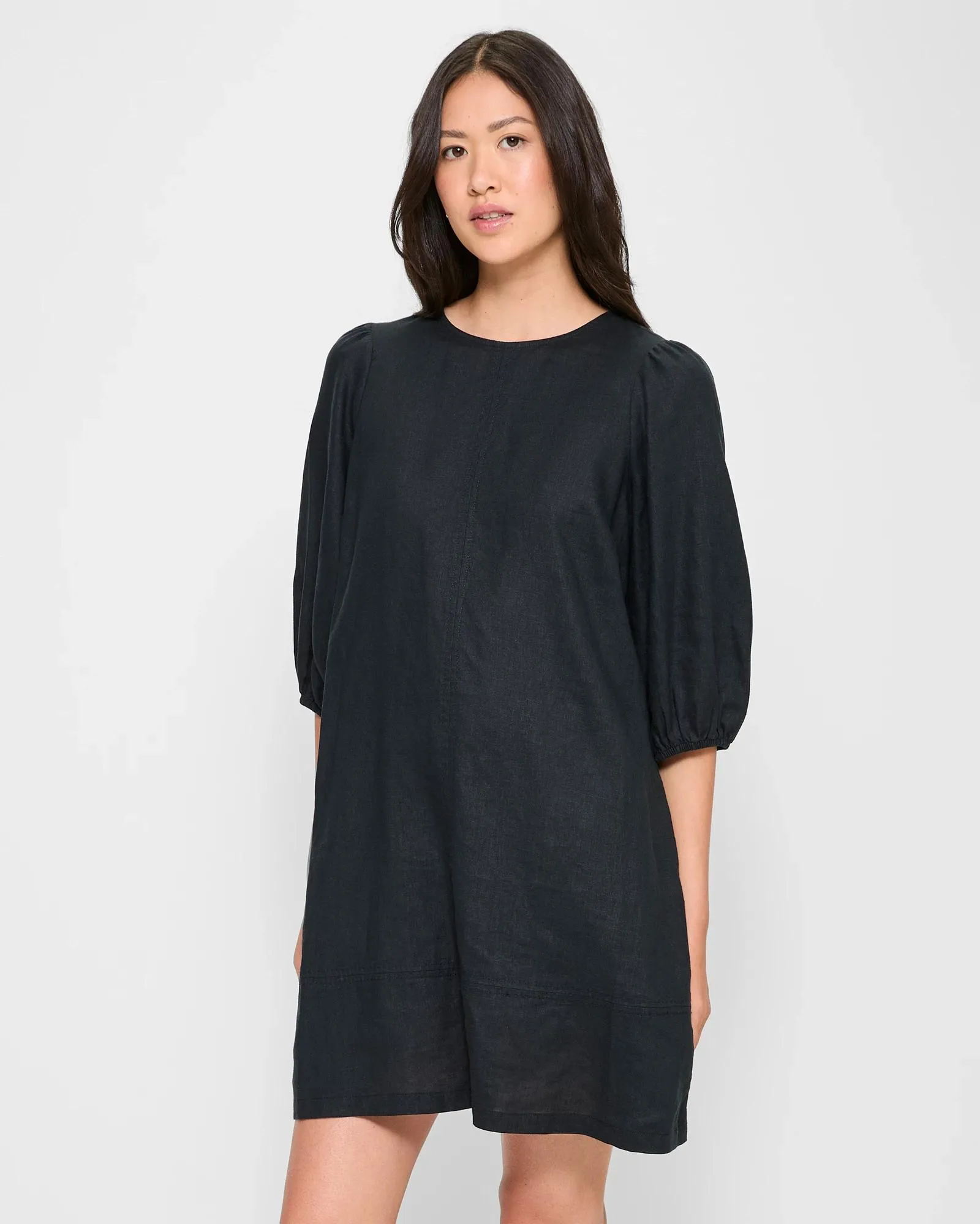 popular  European Linen Puff Sleeve Mini Dress - Black