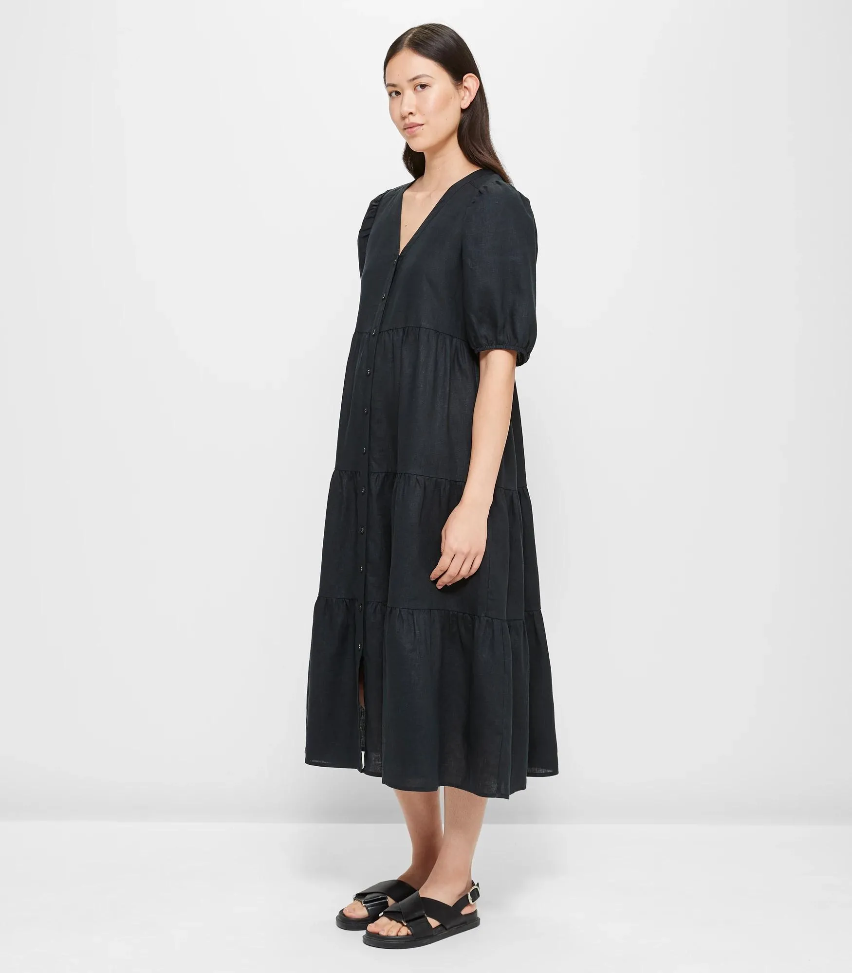 popular  European Linen Tiered Midi Dress