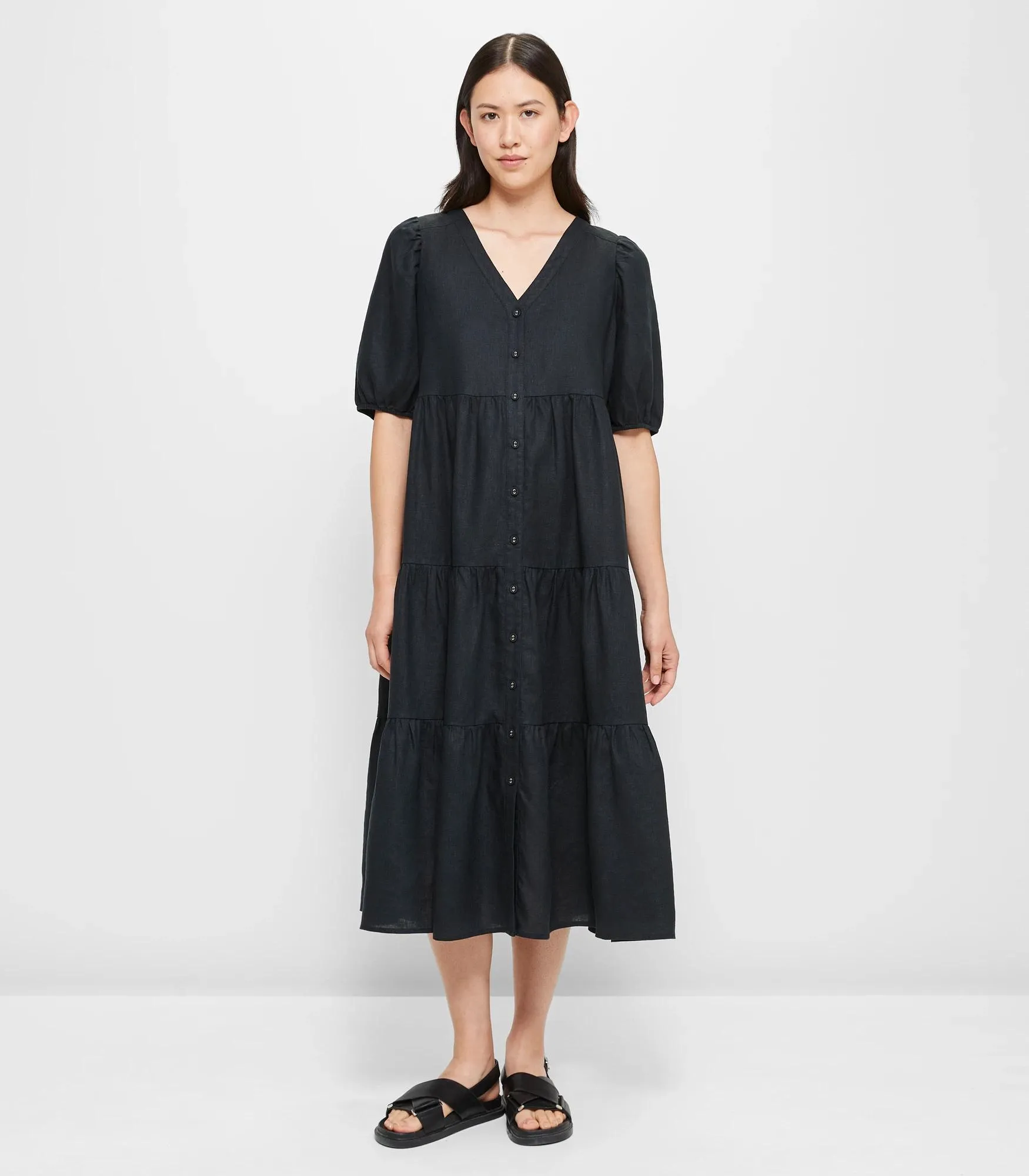 popular  European Linen Tiered Midi Dress