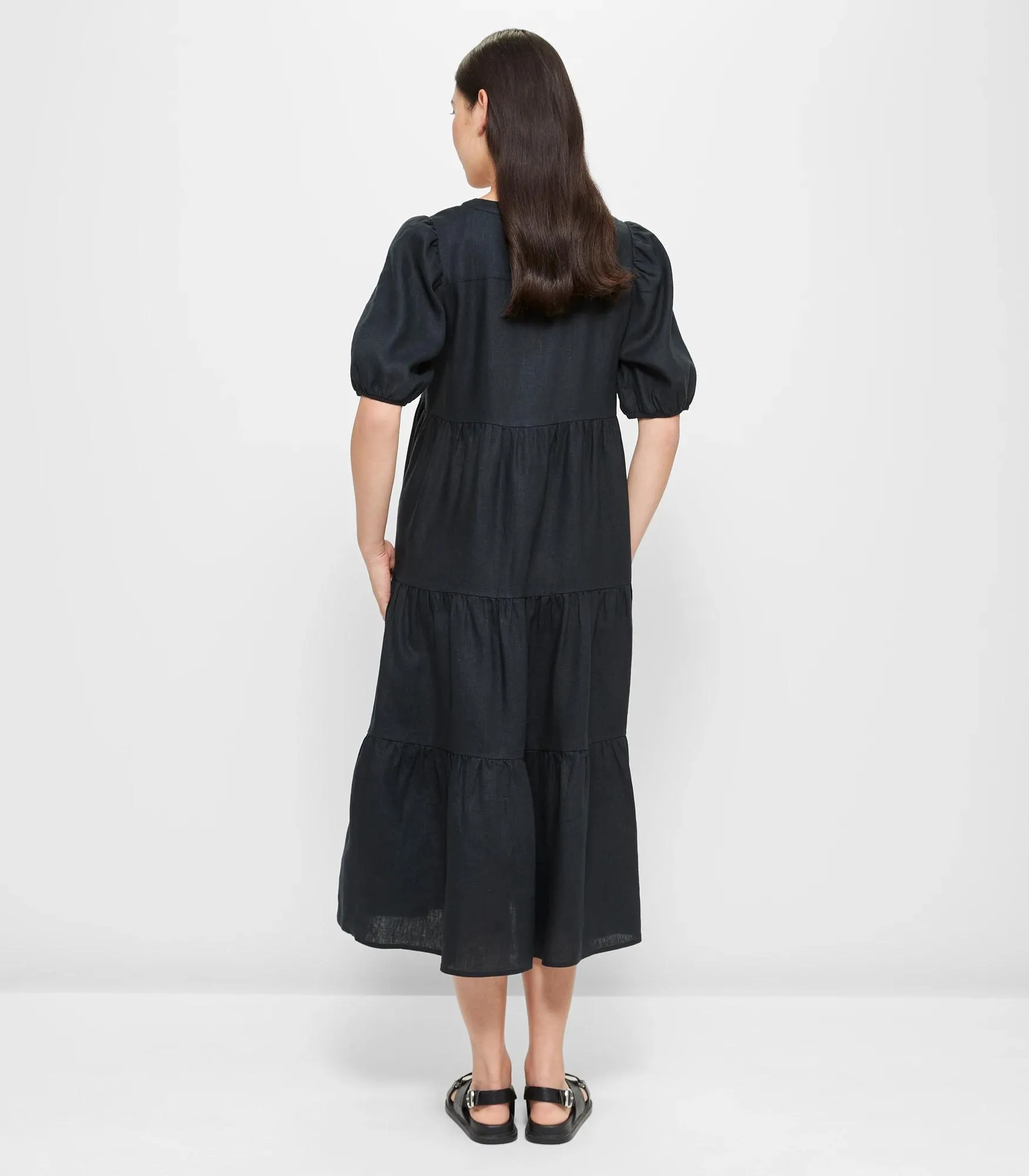 popular  European Linen Tiered Midi Dress