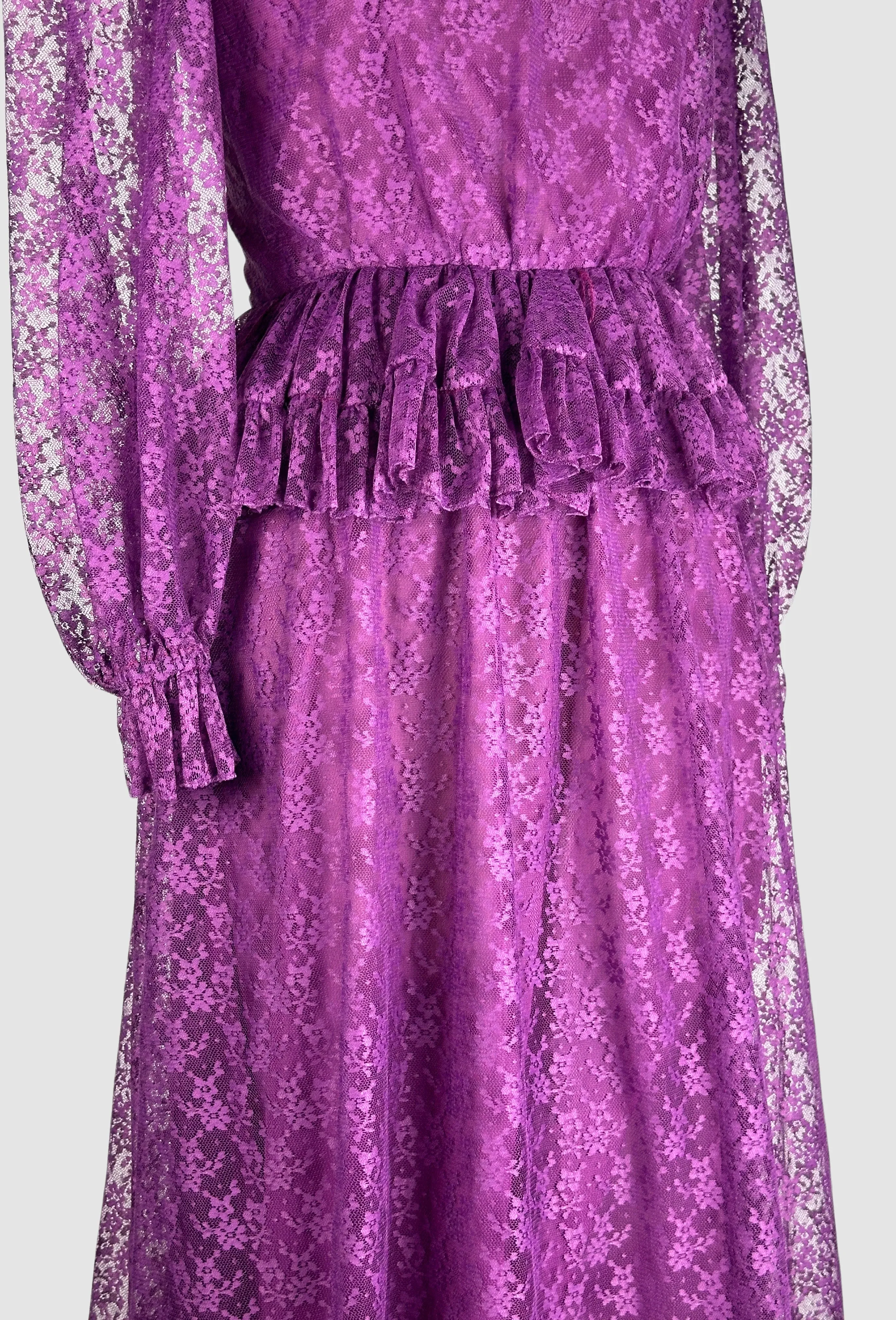 PRAIRIE TALE 70s Purple Chantilly Lace Granny  Dress • Small