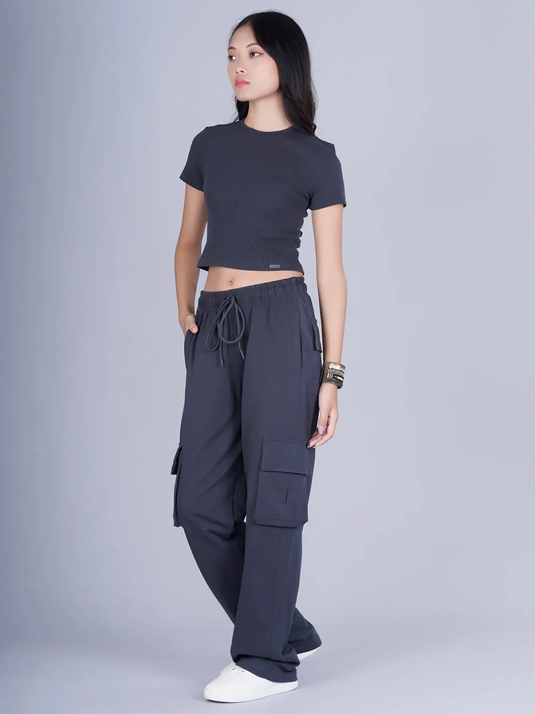 Pronk Ribbed Half Sleeve Crop Top - Dark Grey