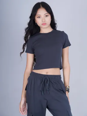 Pronk Ribbed Half Sleeve Crop Top - Dark Grey