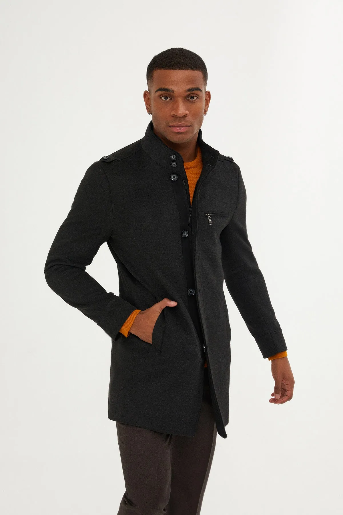 Regular Fit Notch Lapel Brown Overcoat, Charcoal