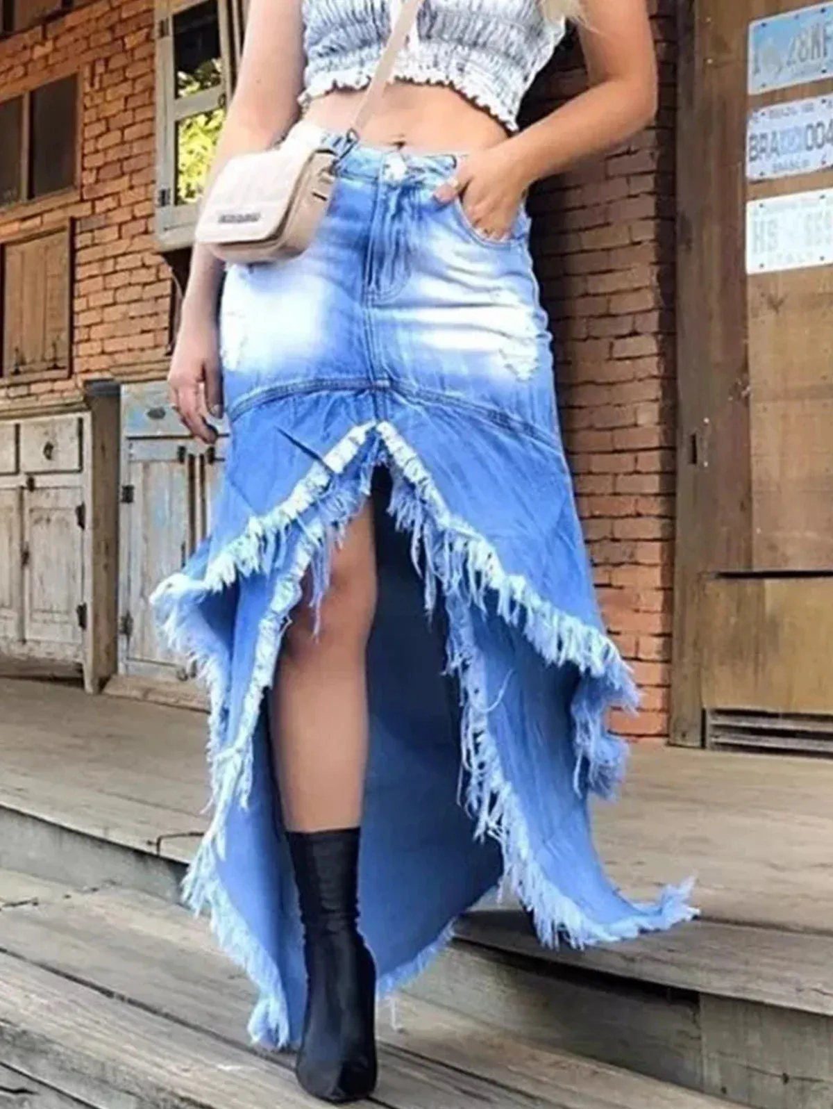 Rough Edge Ruffle Hem Denim Maxi Skirt ~Plus Size Too!