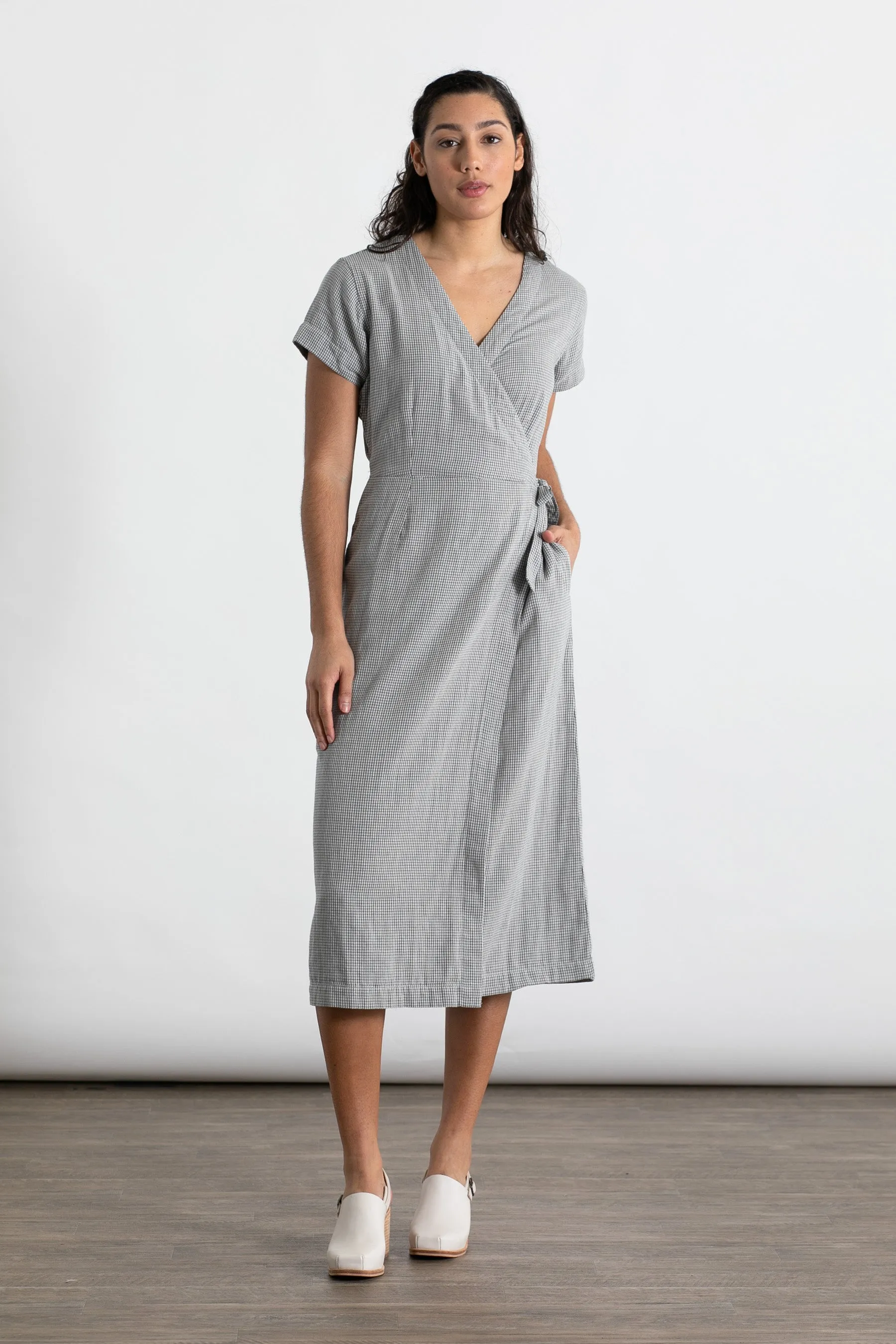 Saria Wrap Dress / Ivory Grid Doublecloth