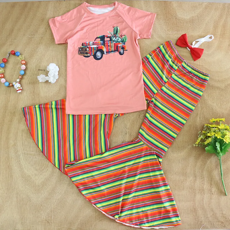 Serape truck printed bell-bottom pant 2pc girls set  DLH0923-11