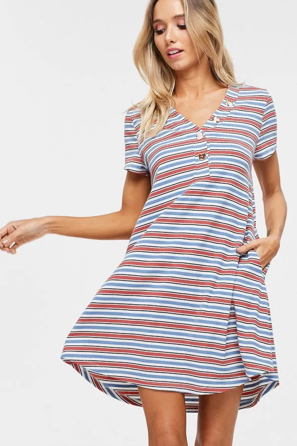 Short sleeve striped knit shift dress with V-neck and faux-button detail and pockets