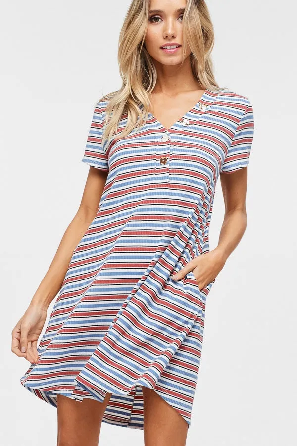 Short sleeve striped knit shift dress with V-neck and faux-button detail and pockets