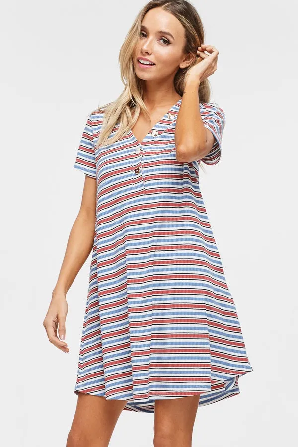 Short sleeve striped knit shift dress with V-neck and faux-button detail and pockets