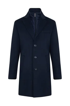 Slim Fit Cachet Notch Lapel Enamel Blue Wool Blend Overcoat