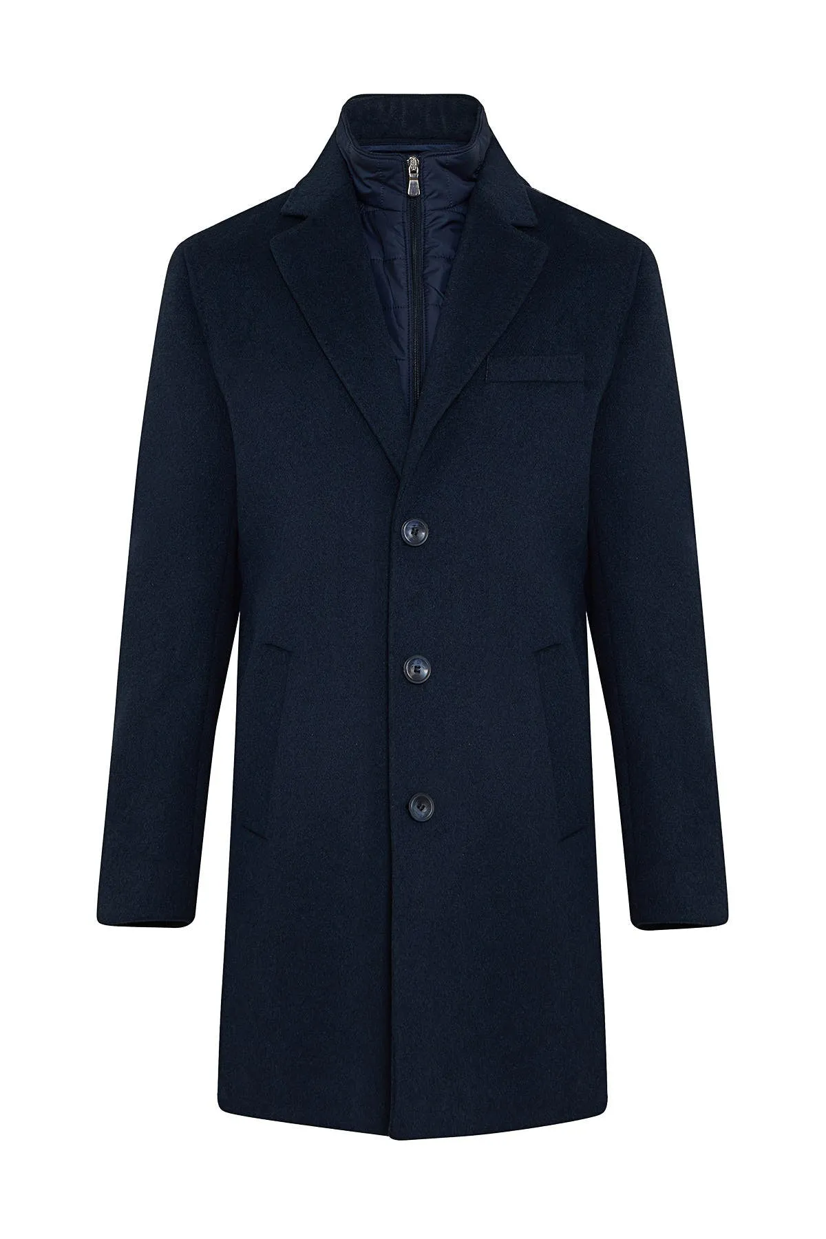 Slim Fit Cachet Notch Lapel Enamel Blue Wool Blend Overcoat