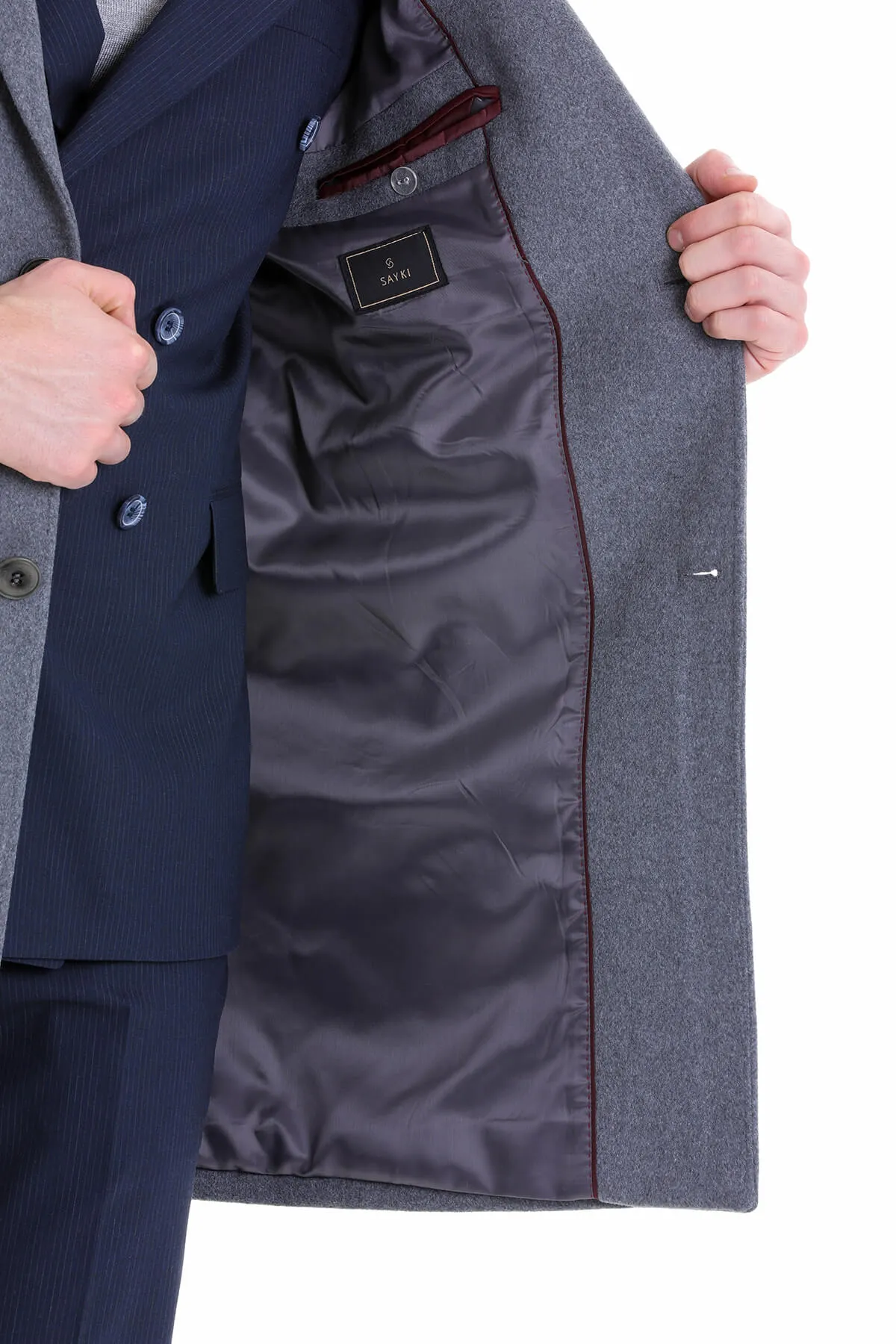 Slim Fit Cachet Notch Lapel Gray Wool Blend Overcoat