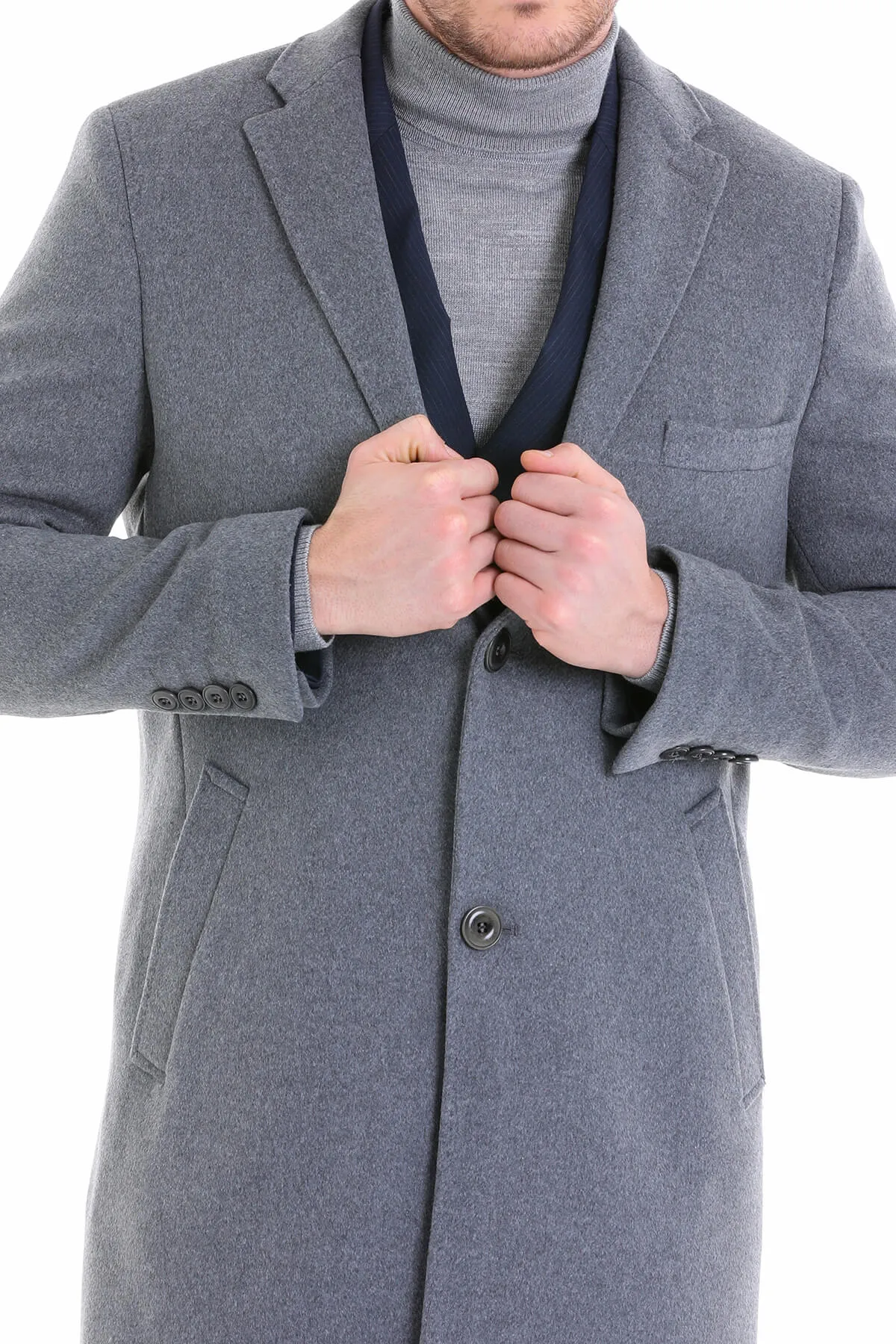 Slim Fit Cachet Notch Lapel Gray Wool Blend Overcoat