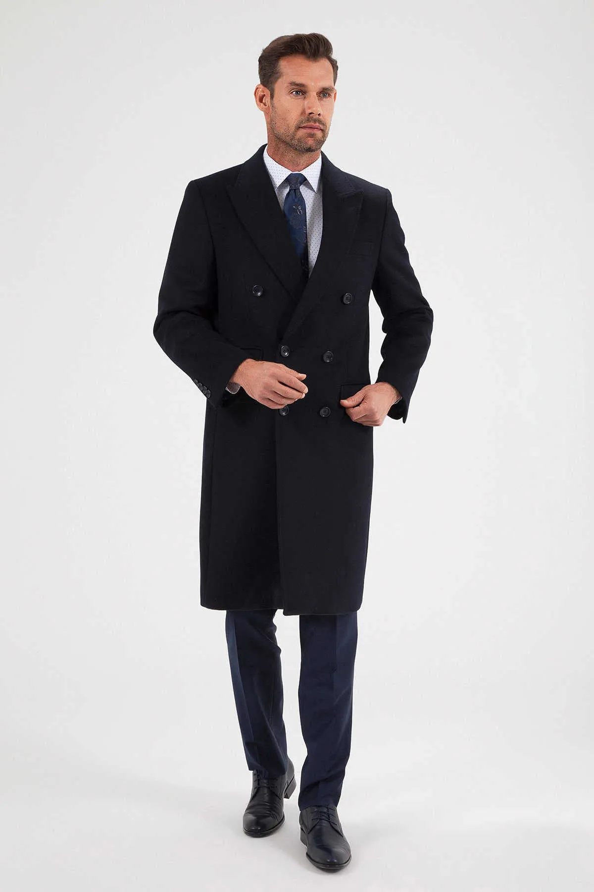 Slim Fit Double Breasted Peak Lapel Wool Blend Navy Overcoat