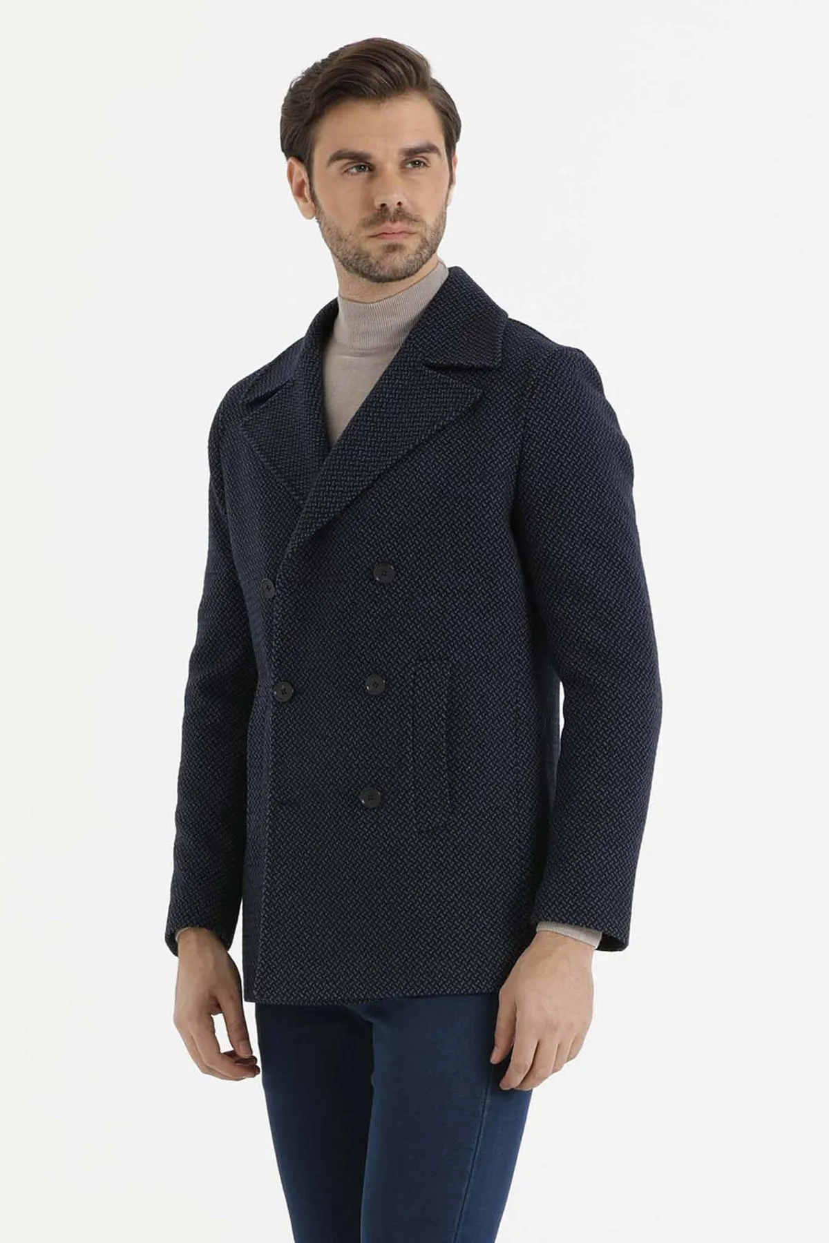 Slim Fit Double Breasted Wool Navy Overcoat, Navy D.