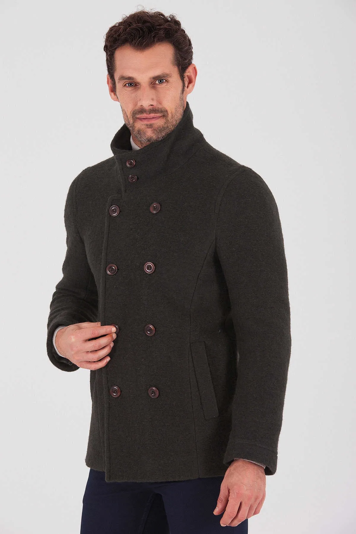 Slim Fit Notch Lapel Alpine Wool Gray Overcoat, Khaki 1