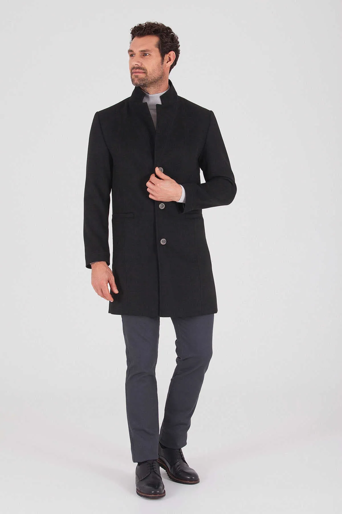 Slim Fit Notch Lapel Madrid Black Overcoat, Black