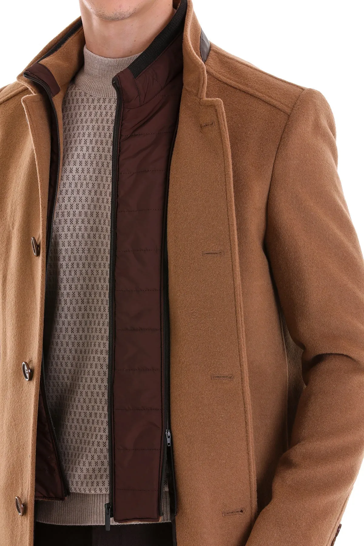 Slim Fit Stand Collar Wool Blend Camel Overcoat