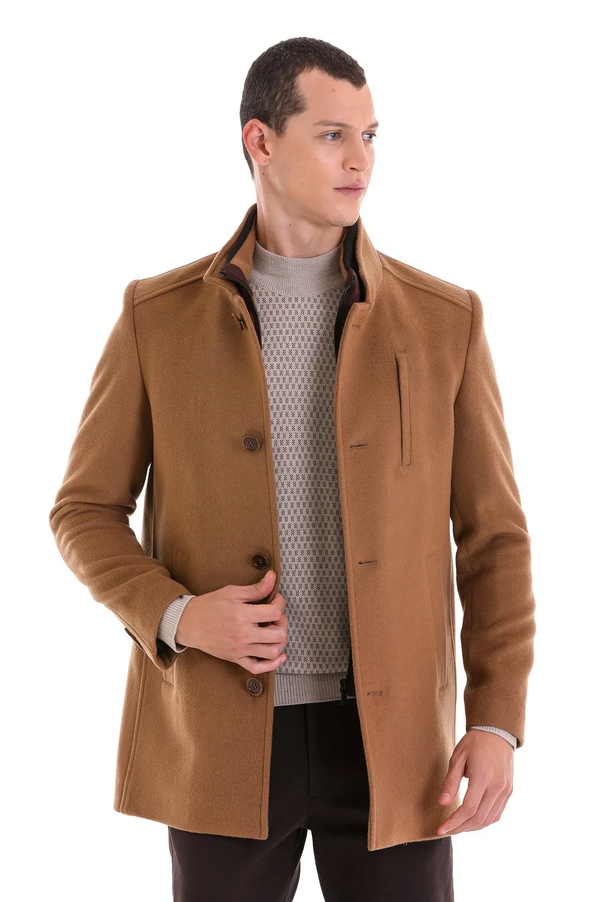 Slim Fit Stand Collar Wool Blend Camel Overcoat