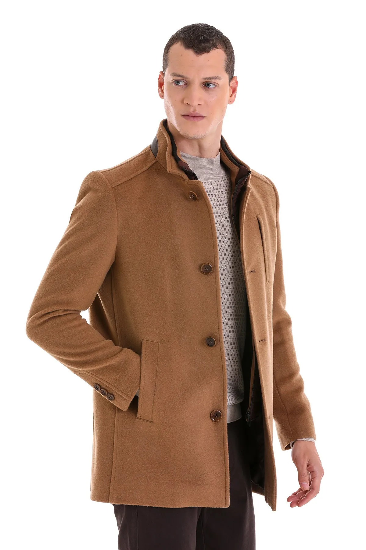 Slim Fit Stand Collar Wool Blend Camel Overcoat