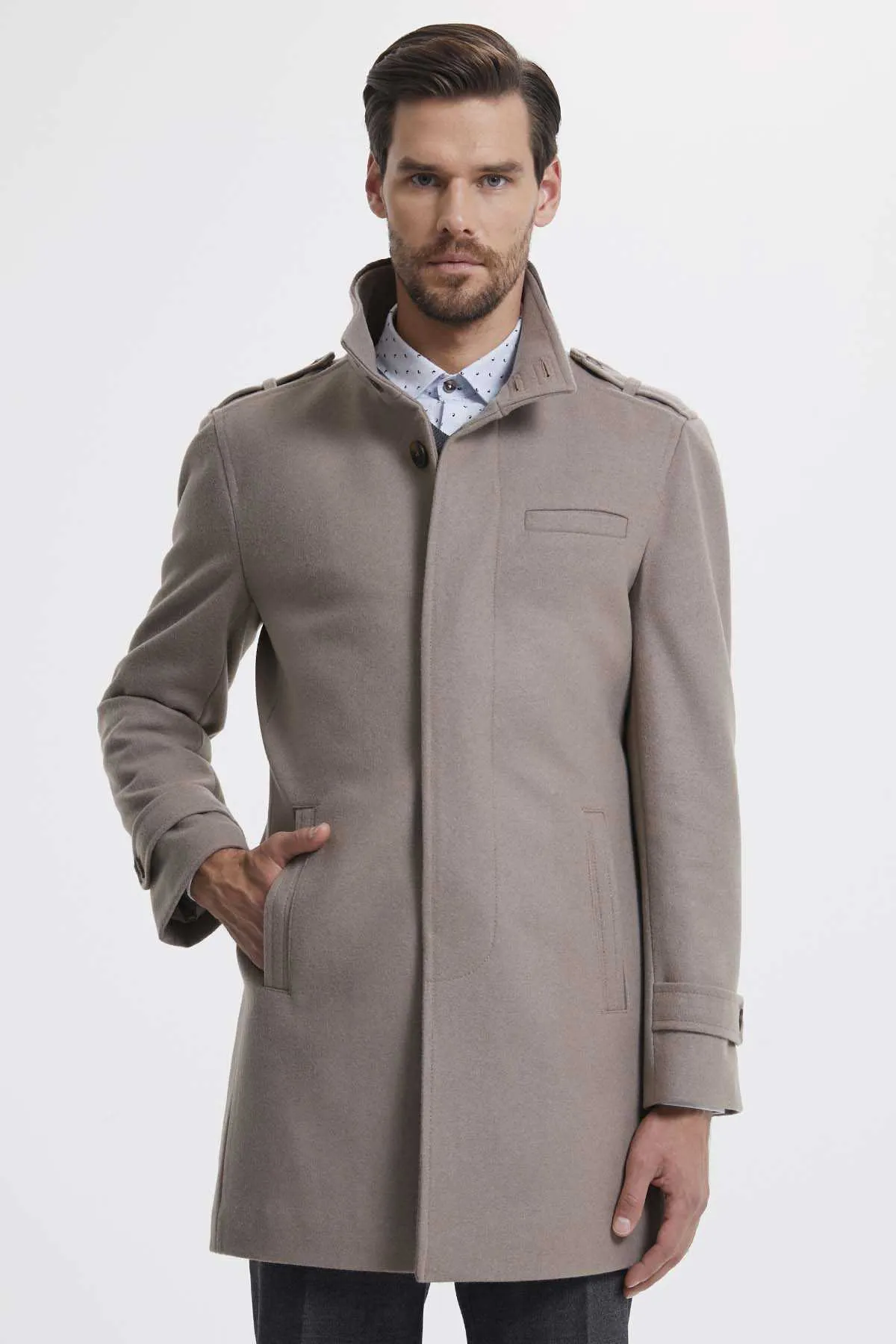 Slim Fit Stand Collar Wool Cappuccino Overcoat, Cappucino