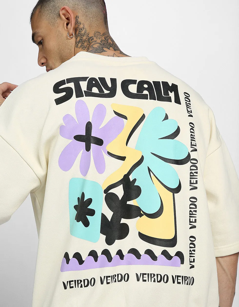 Stay Calm Beige Back Typographic Oversized Sweatshirt