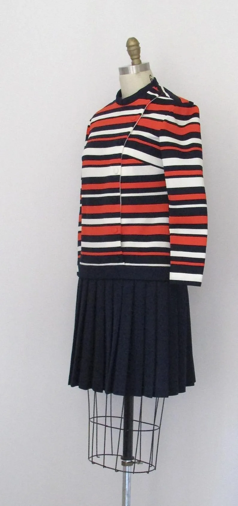 STRIPED ZONE 1960s Double Knit Mod Dress w/ Pleated Skirt by Butte Knit, Sz Small