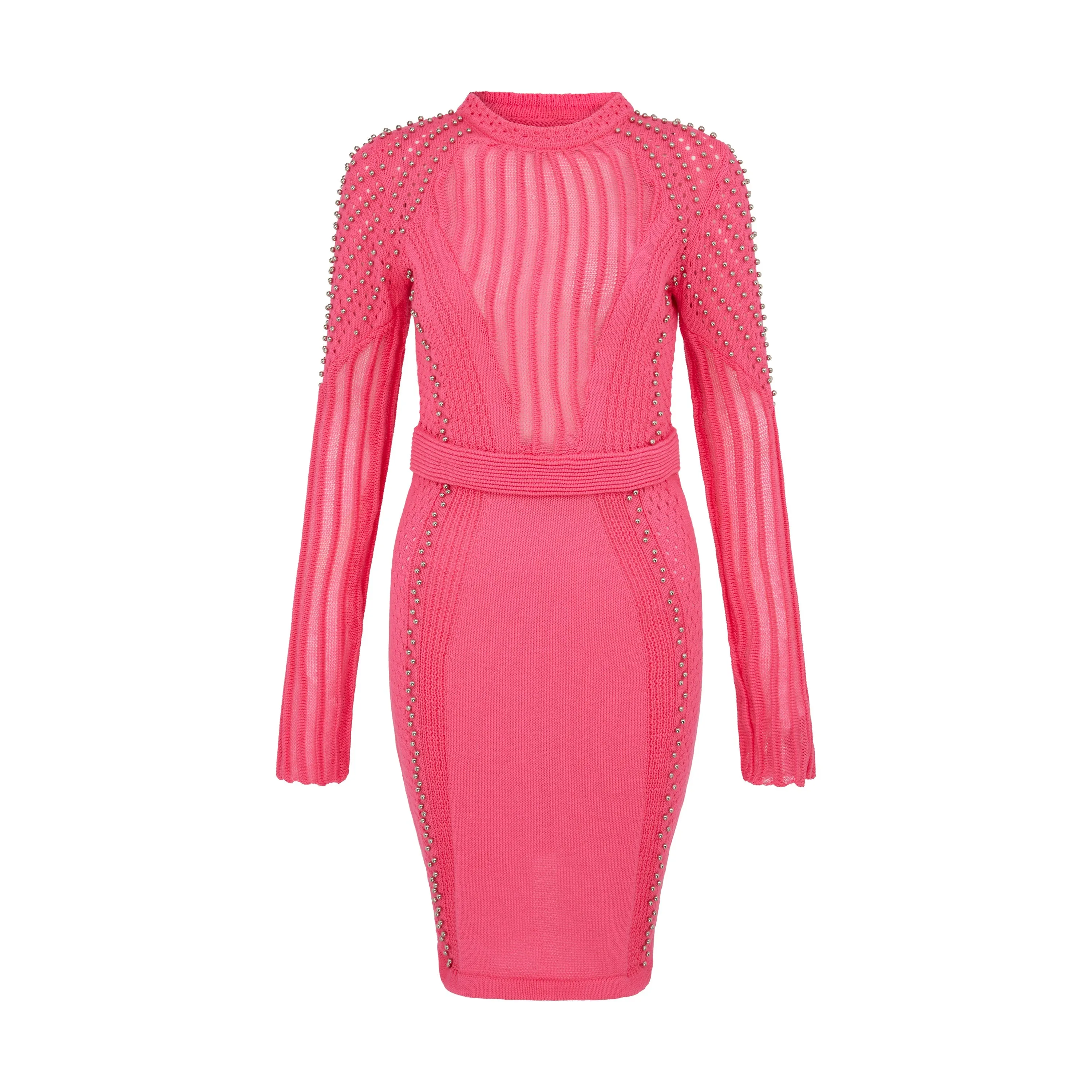 Studded Sheer Knit Mini Jumper Dress in Brink Pink