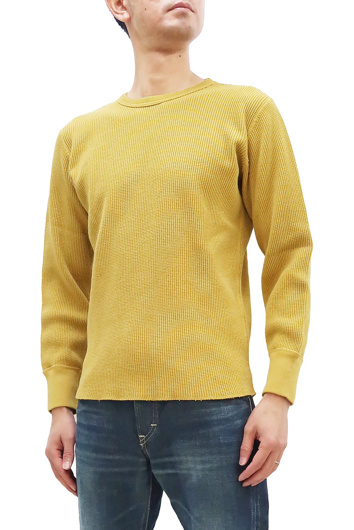 Studio D'artisan Waffle-Knit Thermal T-Shirt Men's Casual Long Sleeve Plain Crew-Neck Heavyweight Thermal Tee 9936 Yellow