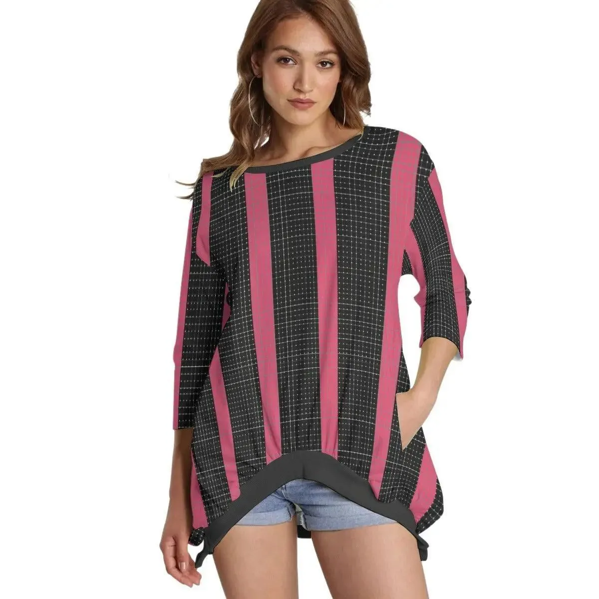 Sweatshirt With Irregular Pleated Hem - Pink