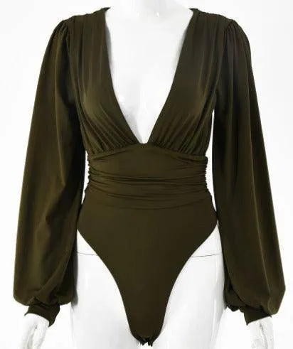 Tatiana Solid Bishop Sleeves Deep V Bodysuit