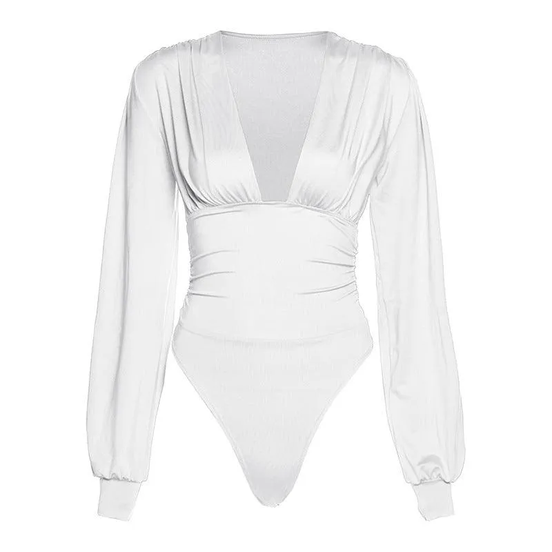 Tatiana Solid Bishop Sleeves Deep V Bodysuit