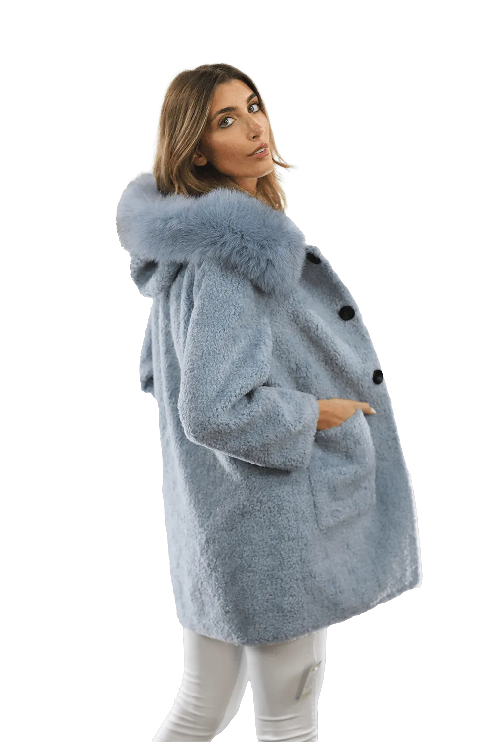 Teddy Coat with Fox Trim Hood - BLUE