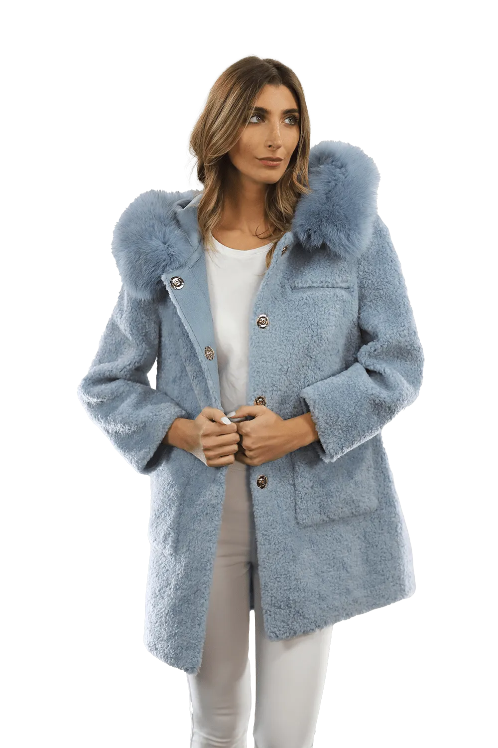 Teddy Coat with Fox Trim Hood - BLUE