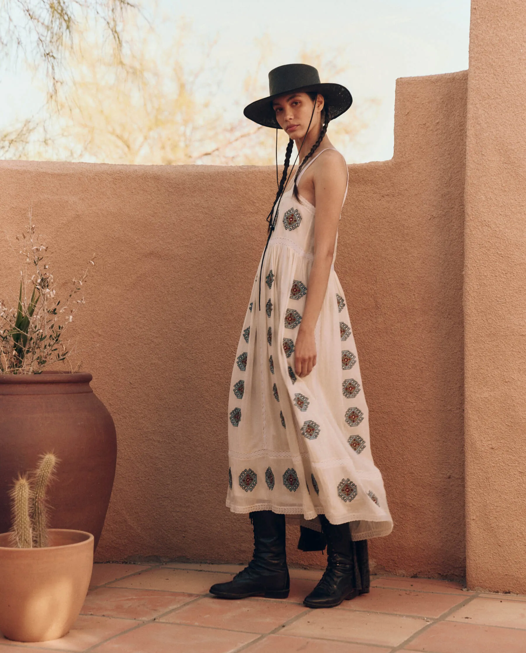 The Roam Dress with Folklore Embroidery. -- Cream