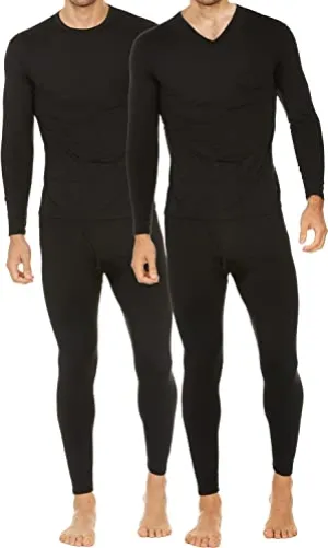 Thermajohn 2 Pack Thermal Underwear for Men Size L V-Neck & Crew Neck Black