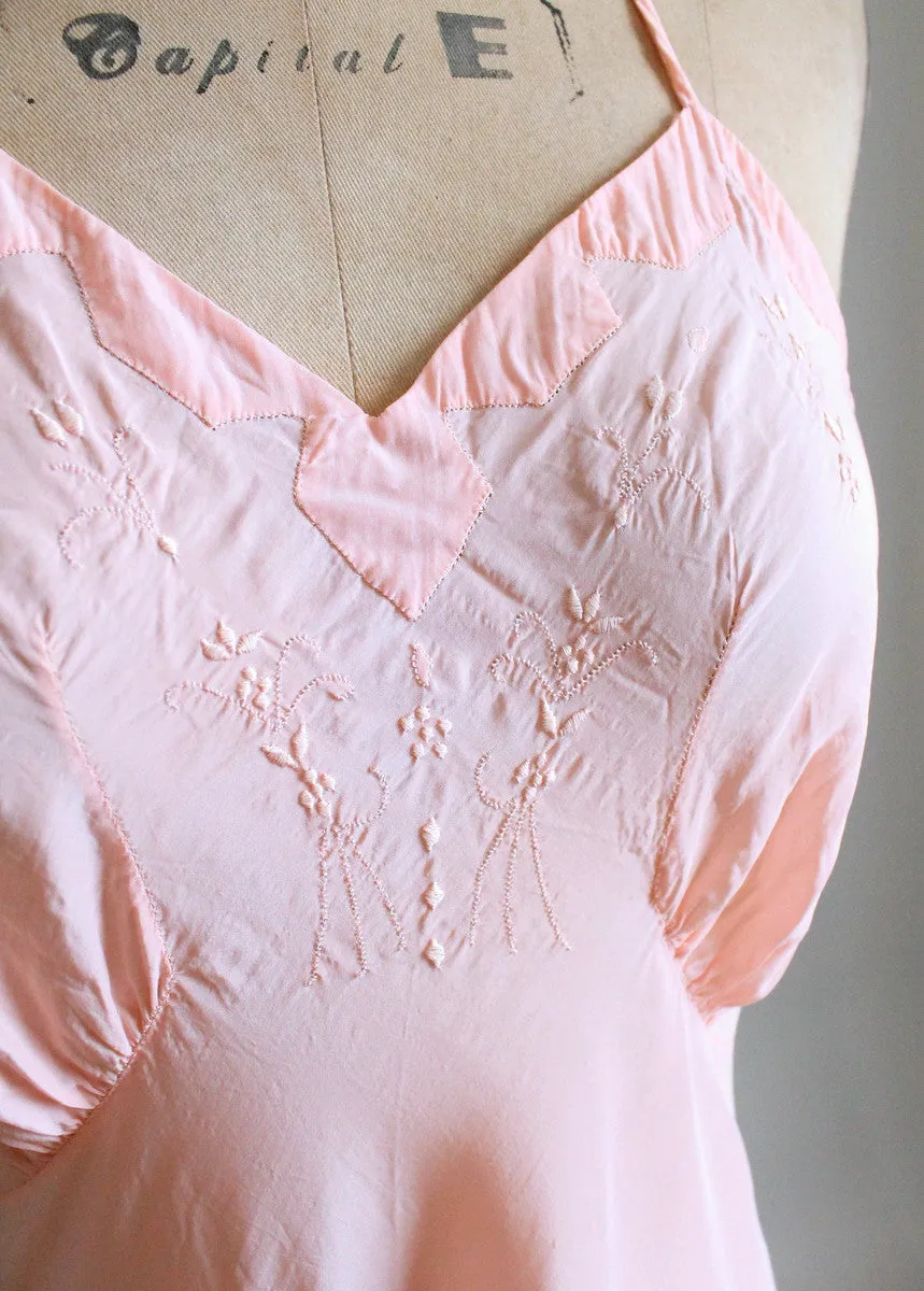 Vintage 1940s Embroidered Peach Rayon Halter Slip Dress