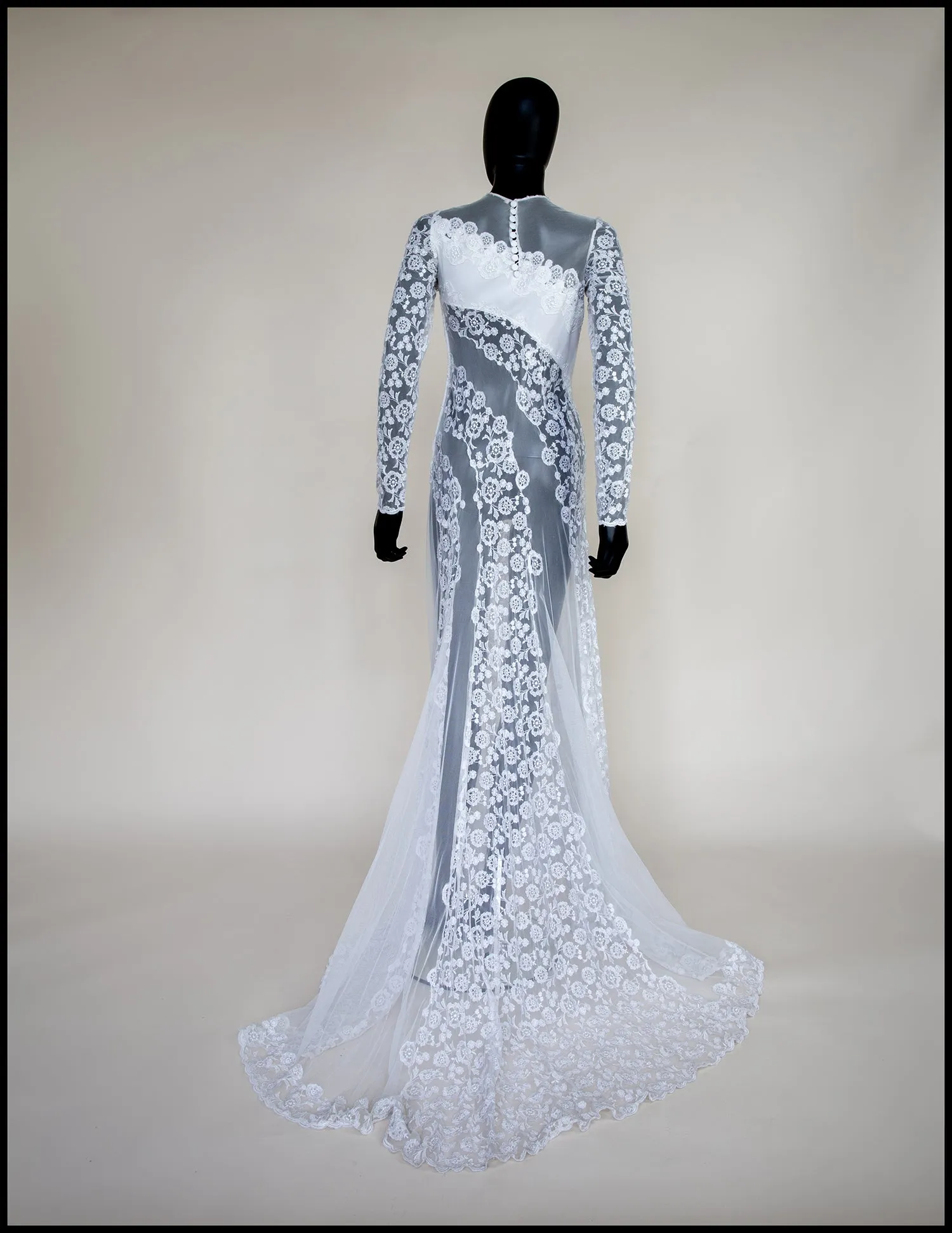 Vintage 1980s Sheer Lace Wedding Dress