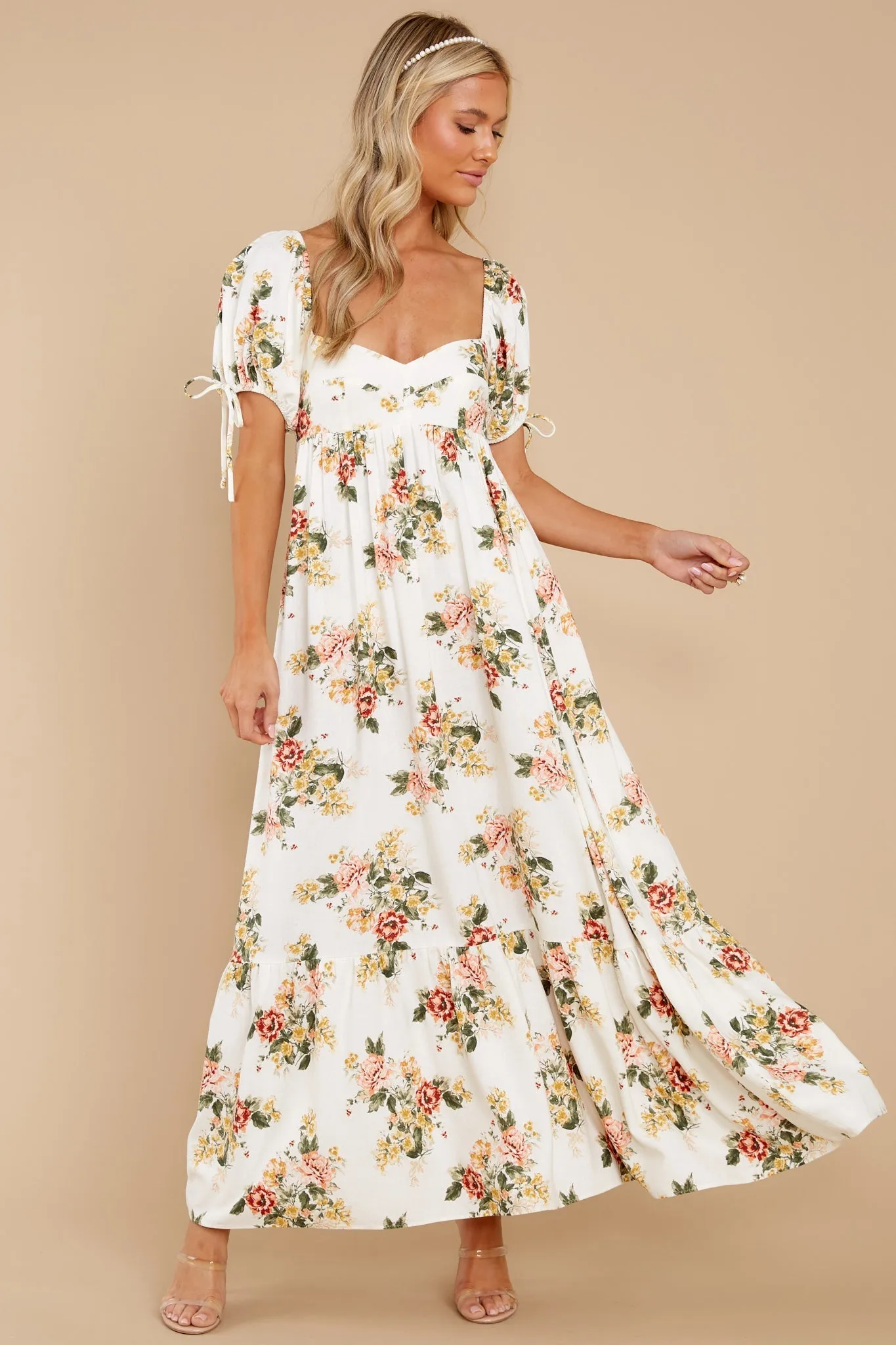 Whimsical Blooms White Floral Print Maxi Dress