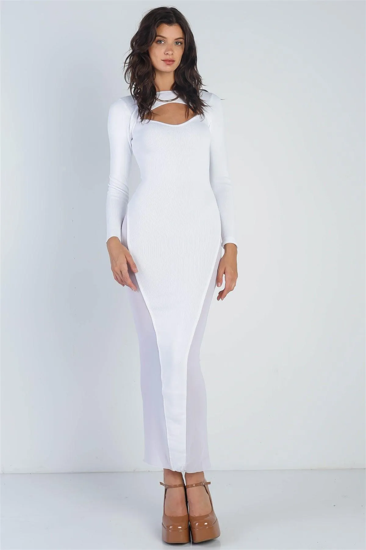 White Cutout Bust  Mesh Side Detail Long Sleeve  Dress /1-1-1