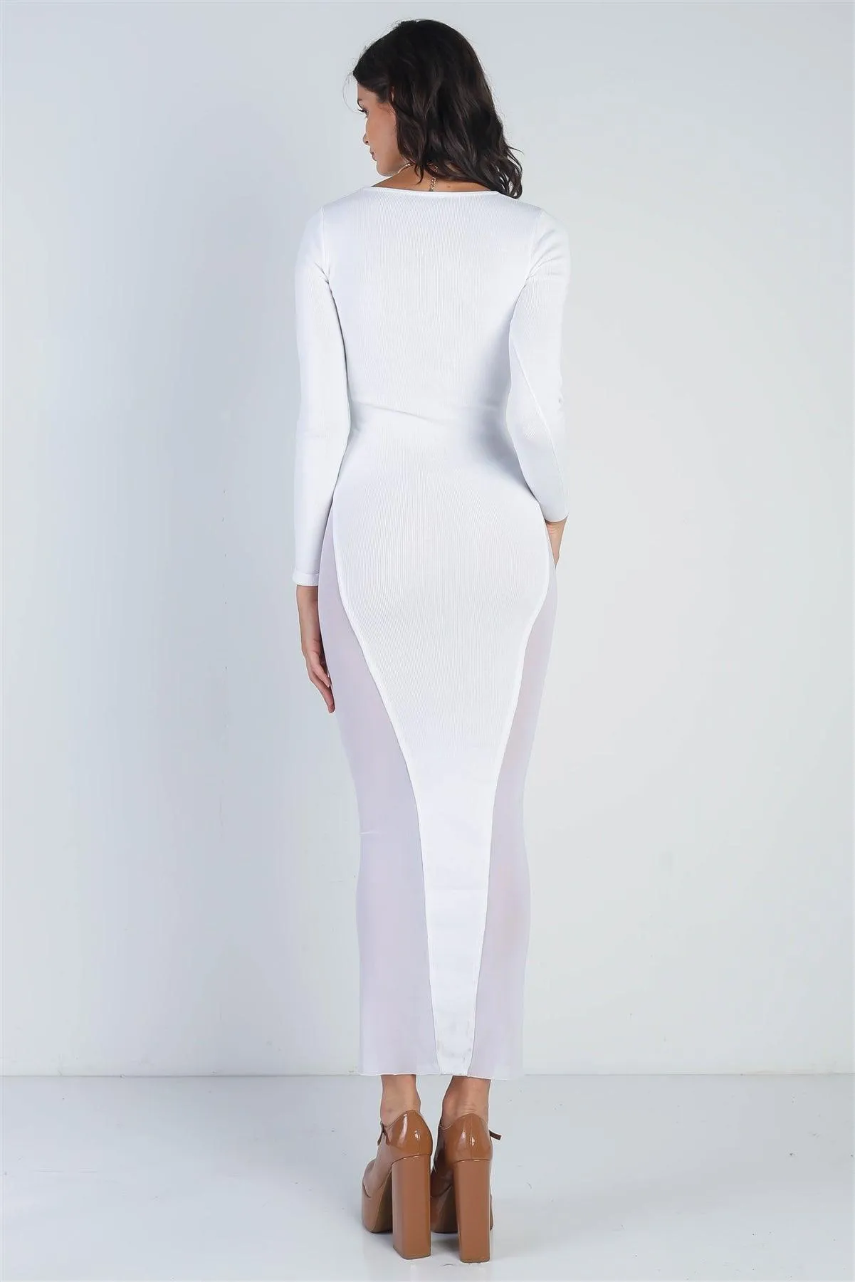 White Cutout Bust  Mesh Side Detail Long Sleeve  Dress /1-1-1