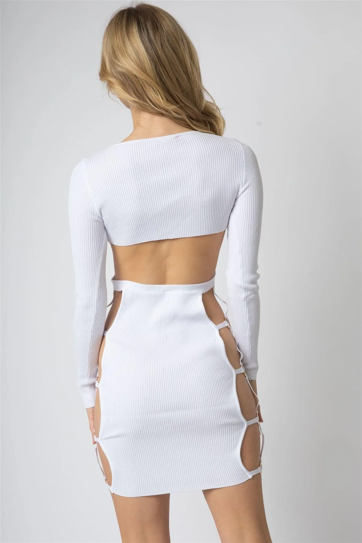 White Knit Side Cut-Out With Gold Accent Ring Open Back Mini Dress